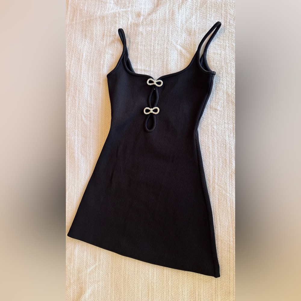 MACH & MACH Crystal Bow Ribbed Black Mini Dress - Picture 6 of 16